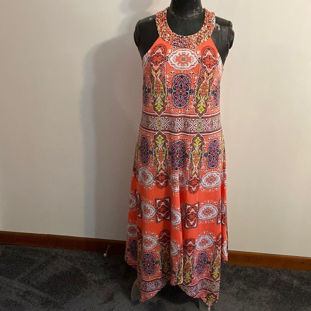 INC International Concept Coral Blissful Medallion beaded Dress, Size Medium,